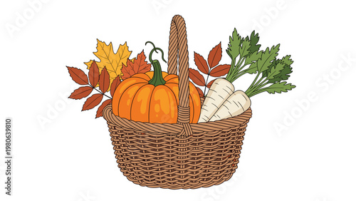 Rustic wicker basket overflowing with a vibrant orange pumpkin, colorful autumn leaves, and fresh root vegetables, symbolizing abundant harvest.