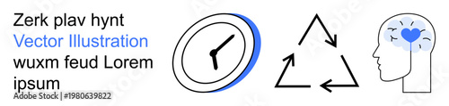 Time management, sustainability, mindfulness, human values, environmental consciousness, recycling. Clock, recycling triangle and human head with heart inside. Time management sustainability