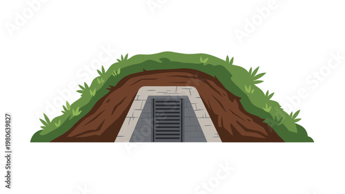 Subterranean bunker or root cellar entrance, covered by green grass and earth, providing secure shelter or storage beneath the ground.
