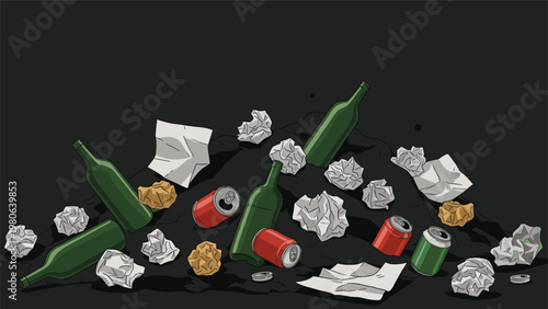 Disordered pile of diverse garbage, including crumpled paper, discarded cans, and glass bottles, highlighting environmental pollution.