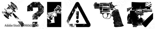 Distressed black and white gavel, question mark, money, warning triangle, revolver. Urban grit, legal themes, symbolic, vector cutouts.