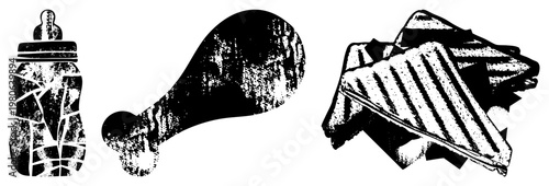 Retro styled baby bottle with cracked texture, chicken drumstick silhouette, stacked grilled sandwich with grill marks all in halftone vector art. Baby feeding, poultry, meal prep.