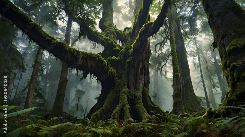 Fototapeta premium Ancient Moss Covered Tree in Mystical Forest