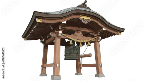 Traditional Japanese temple bell housed in an ornate wooden structure, symbolizing peace, spiritual practice, cultural heritage, and ancient traditions.