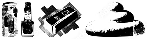 Retro styled halftone illustrations of beauty products, precious metals, and toiletries, graphic design, vintage advertising aesthetic.