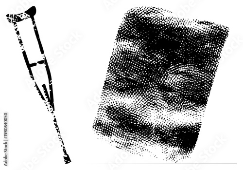 Medical crutch with distressed vector, halftone shaded rectangle, graphic assets, design elements, accessibility, medical illustration, isolated vector shapes.