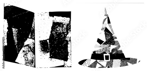 Black and white vector graphic with fragmented geometric forms, halftone texture, modern minimalism, digital art composition, graphic design element.
