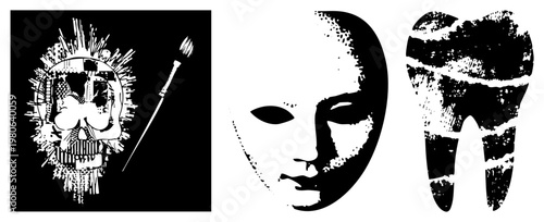 Graphic vector art featuring skull with brush, theatrical mask, and tooth in halftone style, black and white, artistic illustration, isolated symbols, creative design elements.