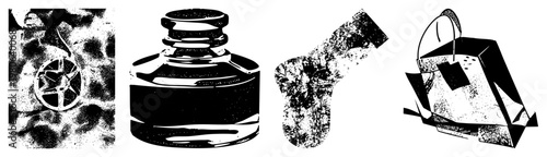 Classic writing instrument, ink bottle with stopper, stylized pen nib, retro typography, artistic design.