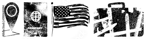 Travel themed vector including map pin, passport, USA flag, suitcase, ideal for tourism, travel apps, or wanderlust designs.