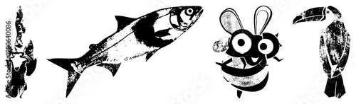 Fish, lobster, bee, toucan rendered in bold black and white halftone, graphic design, isolated illustrations, vector art, stylized animals, pop art aesthetic, silhouette art.