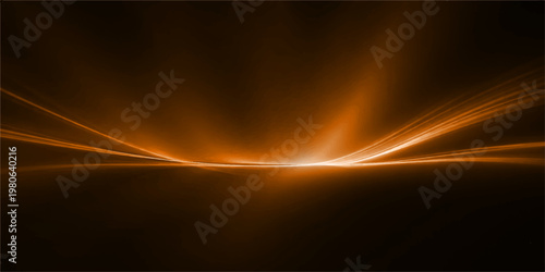An abstract blue vector illustration features a glowing wave pattern with light rays and motion lines against a dark backdrop