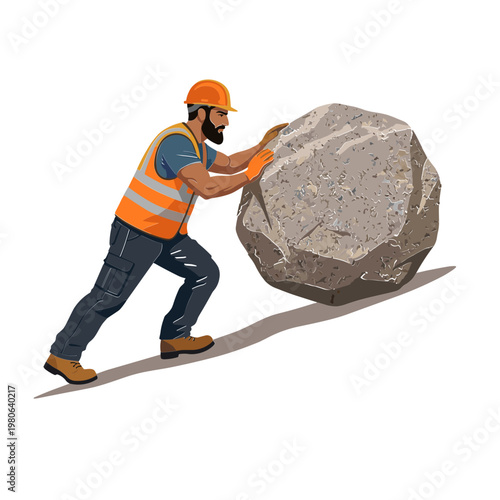 Man pushing large boulder on ground with effort and strength outdoors