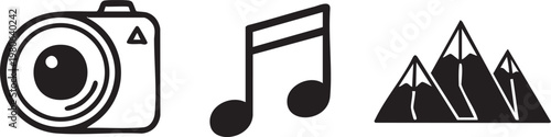 Camera, music note, mountain icons, black and white vector graphics, symbol set