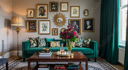 Living room with teal sofa and framed on wall framed floral arrangement coffee table