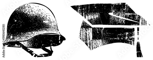 Side profile military helmet and graduation cap with halftone texture, combat gear and academic attire, symbolic of duty and education, stark black and white vector design.