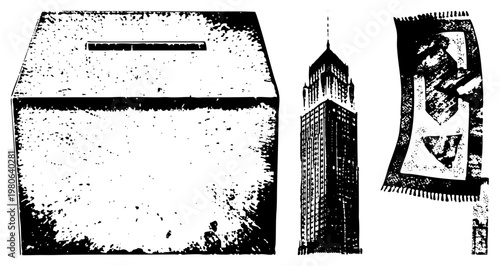 Retro style donation box with slot, tall city skyscraper with spire, vintage poster with abstract human figures, halftone texture, black and white vector illustration.