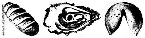 Classic halftone vector illustrations of bread loaf, oyster, and fortune cookie, rendered in bold black and white with textured shading. Food, culinary symbols, retro graphic design.