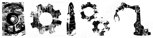 Mechanical components with distressed texture, industrial gear, bullet casing, robotic arm, stylized machinery, vector flat design with grunge overlay, isolated elements for UI or tech themes.