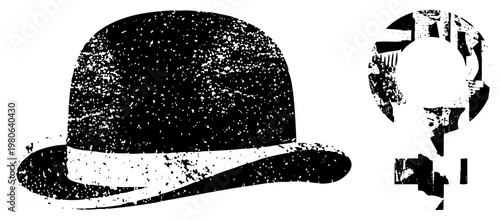 Classic bowler hat with speckled grain texture, vintage gentleman accessory, stylized key silhouette, vector graphic, isolated foreground elements.