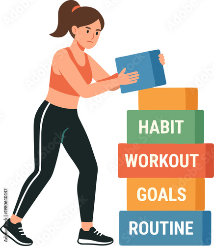 A woman stacks colorful blocks labeled habit, workout, goals, and routine.