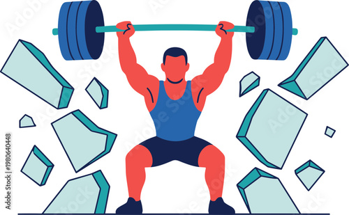 Man lifting weights and breaking through obstacles with strength and power