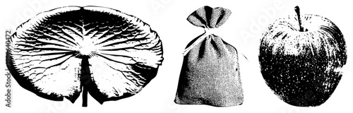 Vector halftone graphics of natural and everyday objects lotus leaf, burlap sack, rendered in high contrast stippling style, ideal for print or digital design.