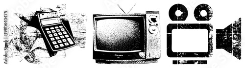 Vintage tech devices rendered in gritty halftone, including calculator, CRT TV, and film camera, nostalgic analog electronics, 80s tech nostalgia, vector.