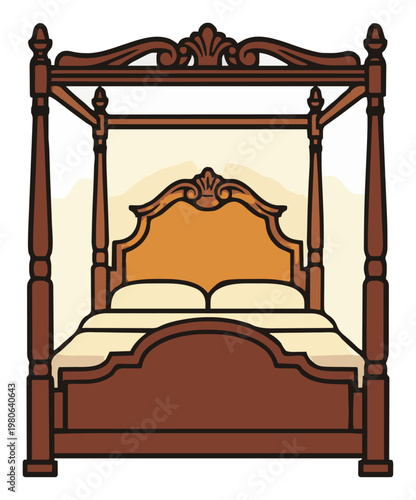 Minimalist continuous line art four poster bed icon. Generative AI