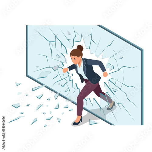 Businesswoman breaks through shattered glass wall in office setting aggressively.
