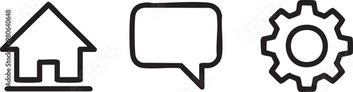 Black line icons, house, chat bubble, gear, minimalistic symbols, modern design elements, vector graphics