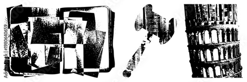 Fragmented geometric forms and structures rendered in halftone, graphic design elements, stylized architecture, composition, vector art, urban motifs, cultural landmarks.