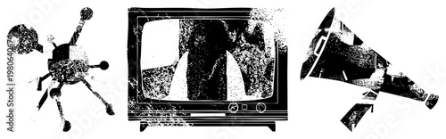 Retro TV broadcasting, satellite, megaphone announcement. Vintage communication tools, analog era tech, broadcast equipment, symbols, public address, satellite dish, TV set.