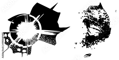 Dynamic vector explosion graphic with shattered shapes and splatter, stylized impact design, high contrast visual effect, graphic art element.