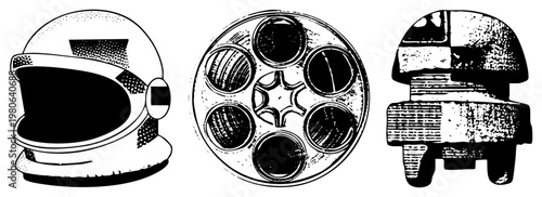 Retro futuristic astronaut helmet, antique revolver cylinder, sci fi spaceship pod, vector illustration, black and white, halftone texture, vintage design.