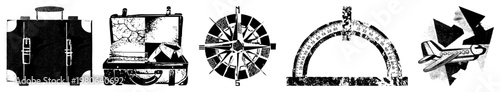 Travel themed vector including suitcase with map, compass rose, protractor, and airplane, rendered in halftone style. Ideal for navigation, travel, education, or design projects.