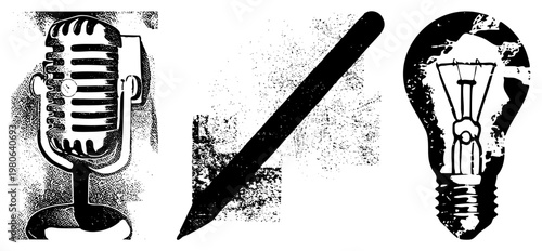 Retro microphone, writing pen, and lightbulb rendered in halftone style, symbolic of creativity, communication, and innovation, vector graphic elements.