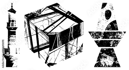 Geometric building sketches, stylized tower, modern glass structure, abstract monument, halftone texture, graphic architecture, urban silhouette.