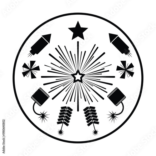 Circular vector logo featuring a starburst with fireworks rockets and sparklers