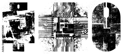 Stylized digital symbols rendered in gritty halftone, tech glyphs, circuit inspired shapes, vector abstraction, glitch art, digital.