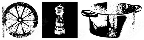 Halftone vector illustration of citrus slice, pepper mill, and kitchen tools and ingredients rendered in gritty with texture. Citrus, spice grinder, cooking pot.