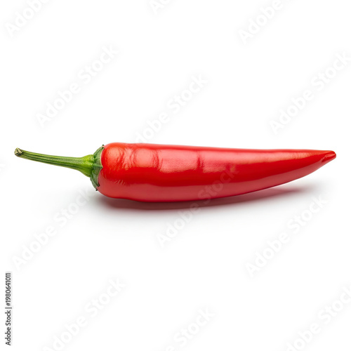 A vibrant red chili pepper with a green stem on a white background