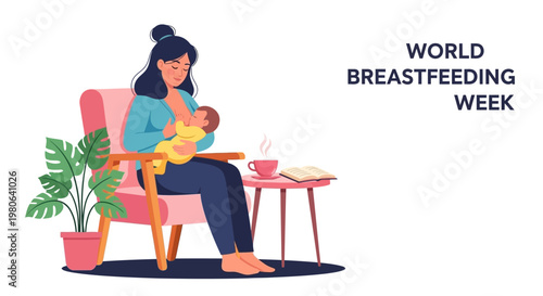 A mother breastfeeding her newborn baby in a comfortable chair for World Breastfeeding Week.
