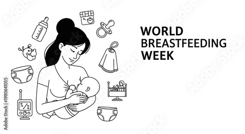 World Breastfeeding Week line art illustration with mother and baby.