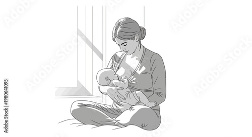 A mother breastfeeding her newborn baby in a serene sketch illustration.