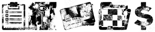 Distressed black and white clipboard with, vintage key, credit card with chip, folder with grid, dollar symbol. Graphic elements with gritty texture and halftone grain.