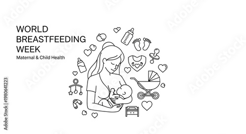 Line art illustration for World Breastfeeding Week with mother and baby.