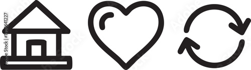 Eco friendly home, love, recycling icons, sustainable living symbols, black line art