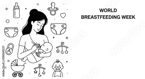 Illustration of a mother breastfeeding her baby with baby care icons.