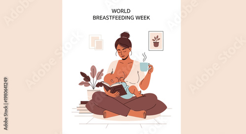 Illustration of a mother breastfeeding her infant while reading a book.